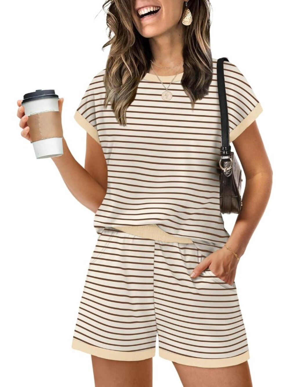 〽️Women's Outfit Bbeige Brown Stripe Cap Sleeve Shirts and Shorts Lounge Set
